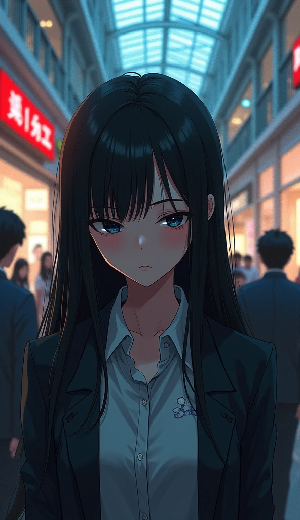((A woman with long hair)),In the mall,Black Hair,Lost eyes,Suits,A short-haired man is talking to her,Japanese anime style