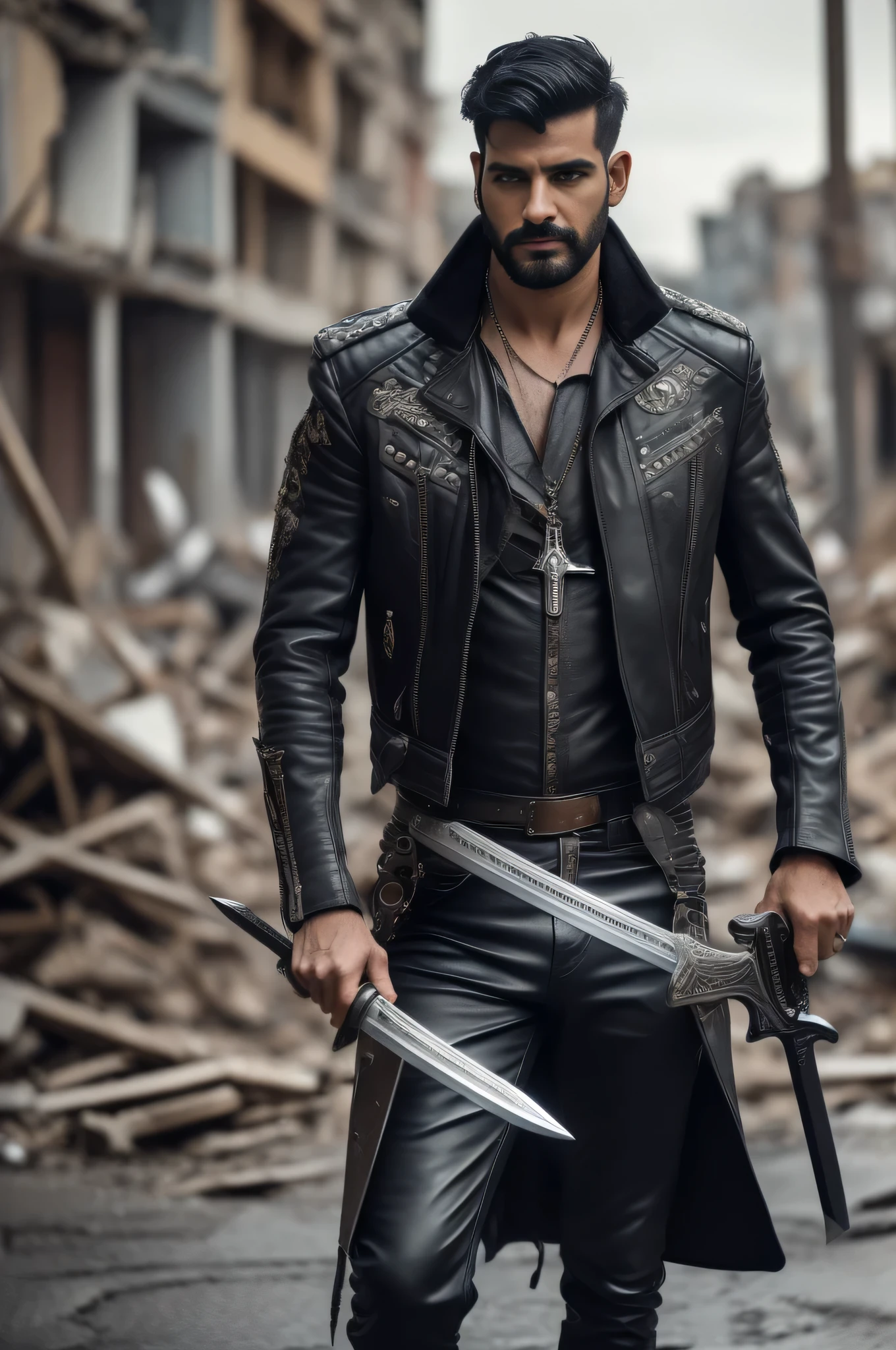 (masterpiece, Highest quality, 8k, uhd, best quality, highres), ((Man in his 30s, Full body portrait:1.1, A fearless face, Stubble, Muscular, Black Leather Jacket, Black leather pants with a white cross-like decoration, Wolf cut black hair, The revolver is pointed at the viewer, With one hand he carries his sword on his shoulder, Perfect Fingers)), Ruined City, Collapsed building, Cracked pavement