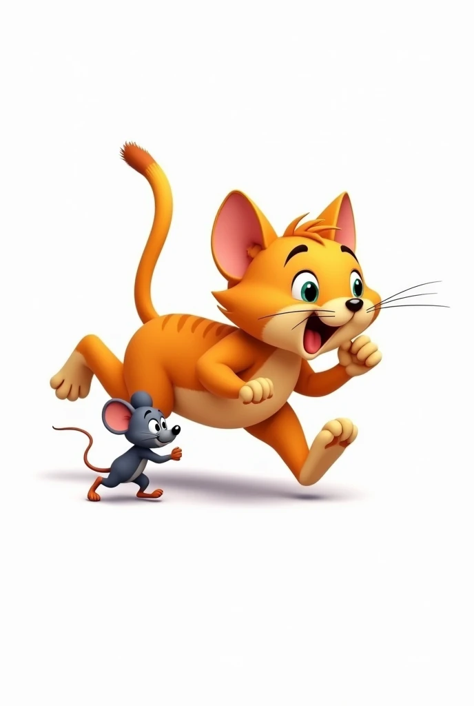 The little mouse and the cat, being big and orange, run away, animated like the cartoons, on a white background