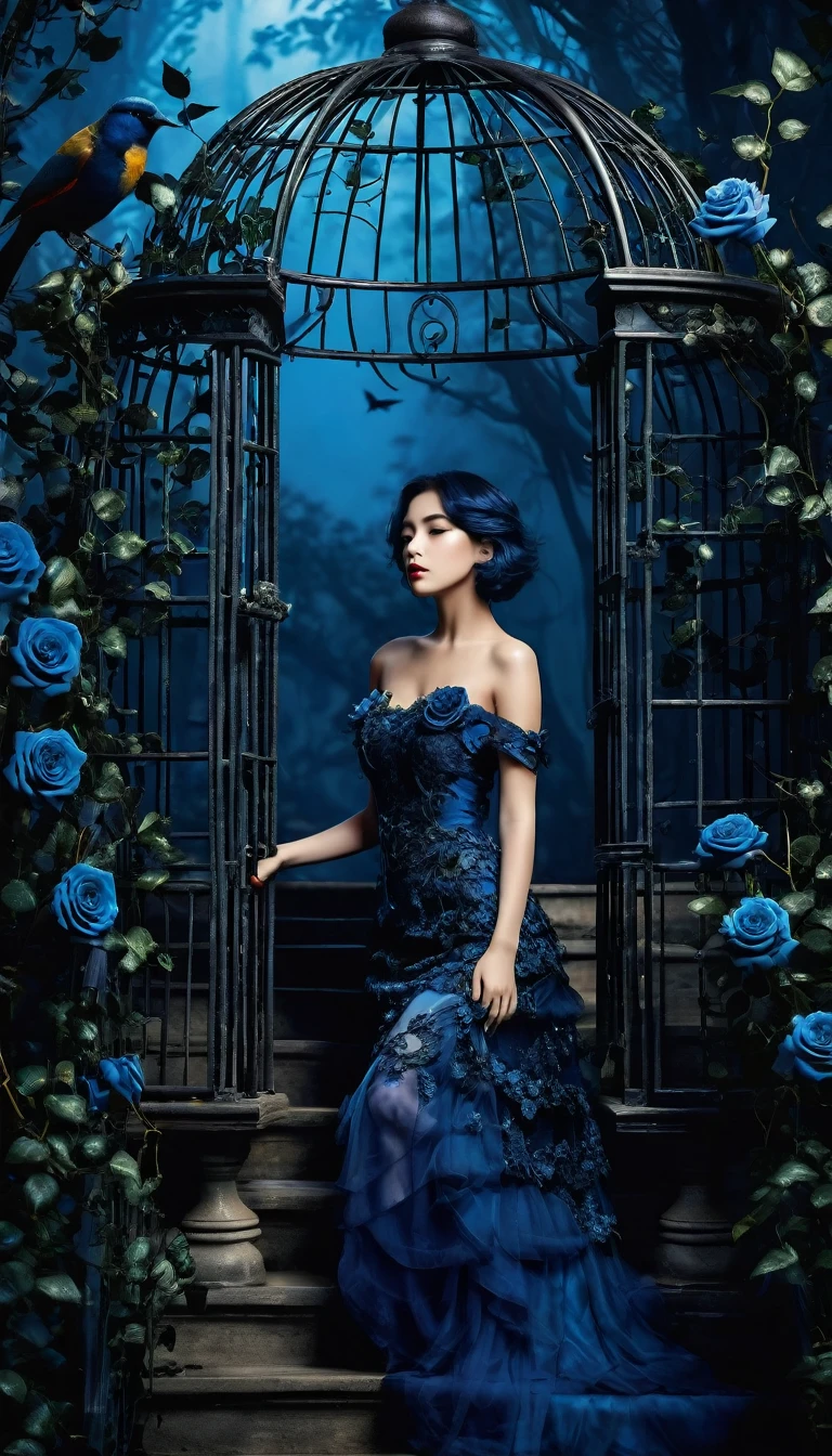 Image of forests of clocks interspersed with forests of thorns, dark, gloomy, mysterious but full of magic, shimmeringly beautiful, in the distance there is a giant birdcage surrounded by climbing black roses, a short blue shoulder length hair beautiful girl are step up on the luxury stair cover by blue rose ivy in the bird cage, cinematic color, 16K, UHD, K-Pop Style