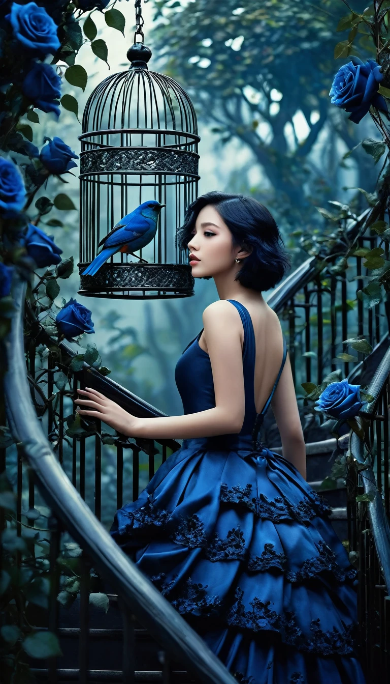 Image of forests of clocks interspersed with forests of thorns, dark, gloomy, mysterious but full of magic, shimmeringly beautiful, in the distance there is a giant birdcage surrounded by climbing black roses, a short blue shoulder length hair beautiful girl are step up on the luxury stair cover by blue rose ivy in the bird cage, cinematic color, 16K, UHD, K-Pop Style