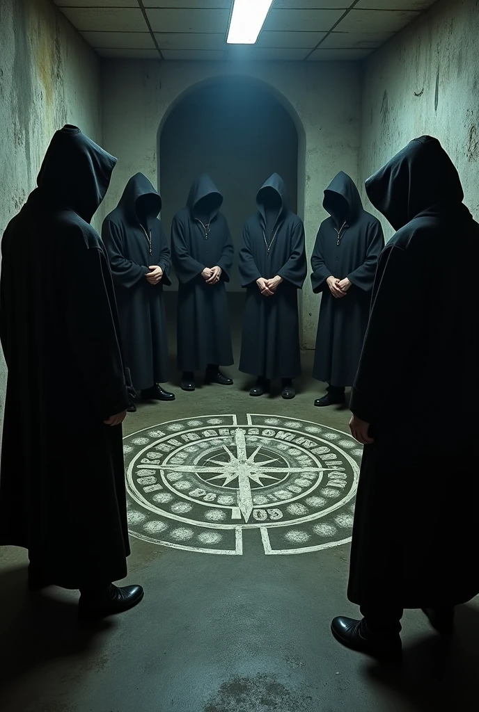 Six hooded men surrounding a magic circle drawn on the floor of a dark building's basement.