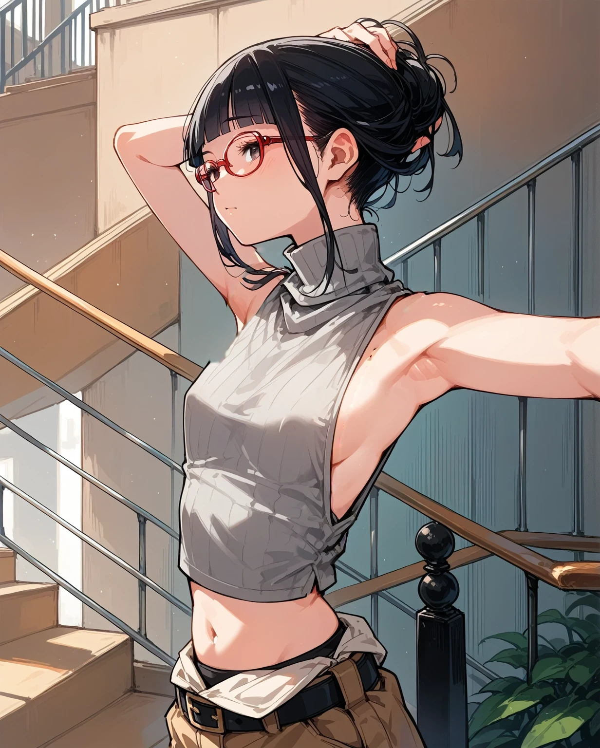 sexy,Flat Chest,Focus on your audience,Extremely thin body,Anime Style,Slender figure,delicate,Glasses,Asian woman in grey top and black pants posing on stairs, Sleeveless turtleneck_Doweled, 脇が大きく開いているSleeveless turtleneck_Roomy back design,rib cage,Sideboob,The shoulders are wide open,sexyなWearing a crop top, Photo of slim girl model, Chiho, T-Top, shikamimi, Wearing a crop top, Real life anime girls, Kurohime cut hair, Shashi, 2 4-year-old female model