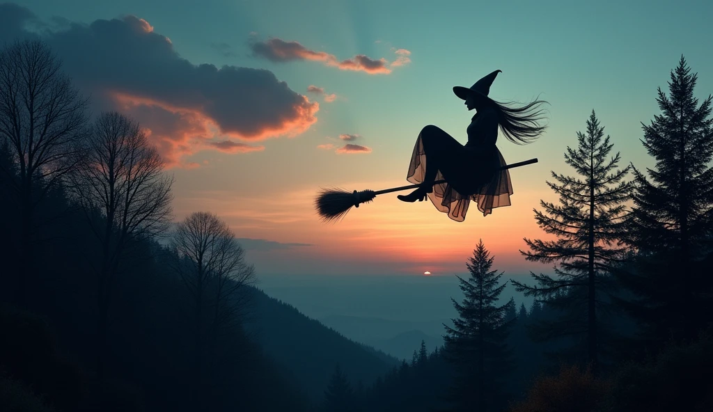 A witch riding a broomstick over a dense forest at dusk, the sky glowing with twilight colors, her silhouette sharply contrasted against the sky, realistic and detailed