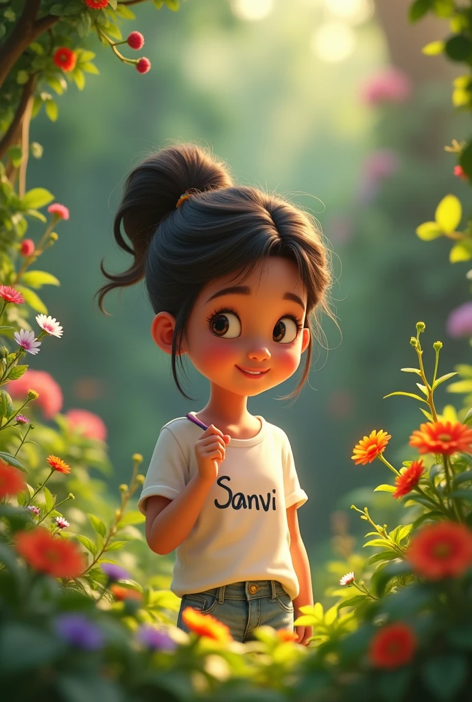 A Small girl in the garden wrote her name Sanvi on her T-shirt