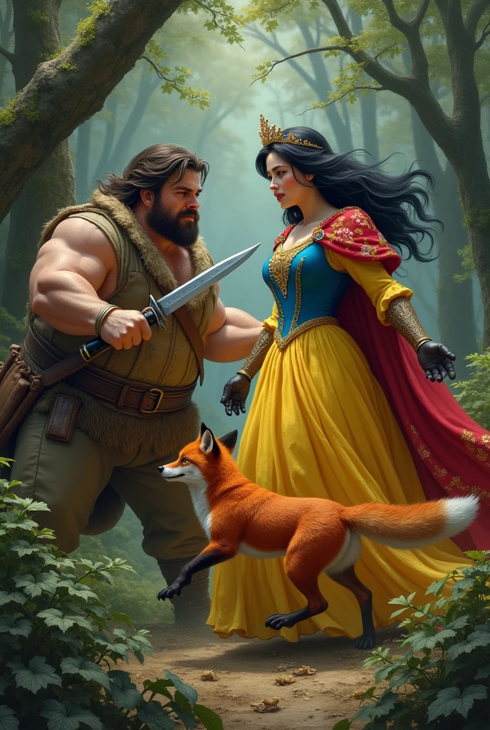 at a forest, a fat hunter is about to stab a princess with white skin and long black hair with a dagger, wearing a yellow skirt dress,blue bodice and red floral cape and wearing a multi-colored crystal tiara. But a red fox steps in and takes the hit instead..