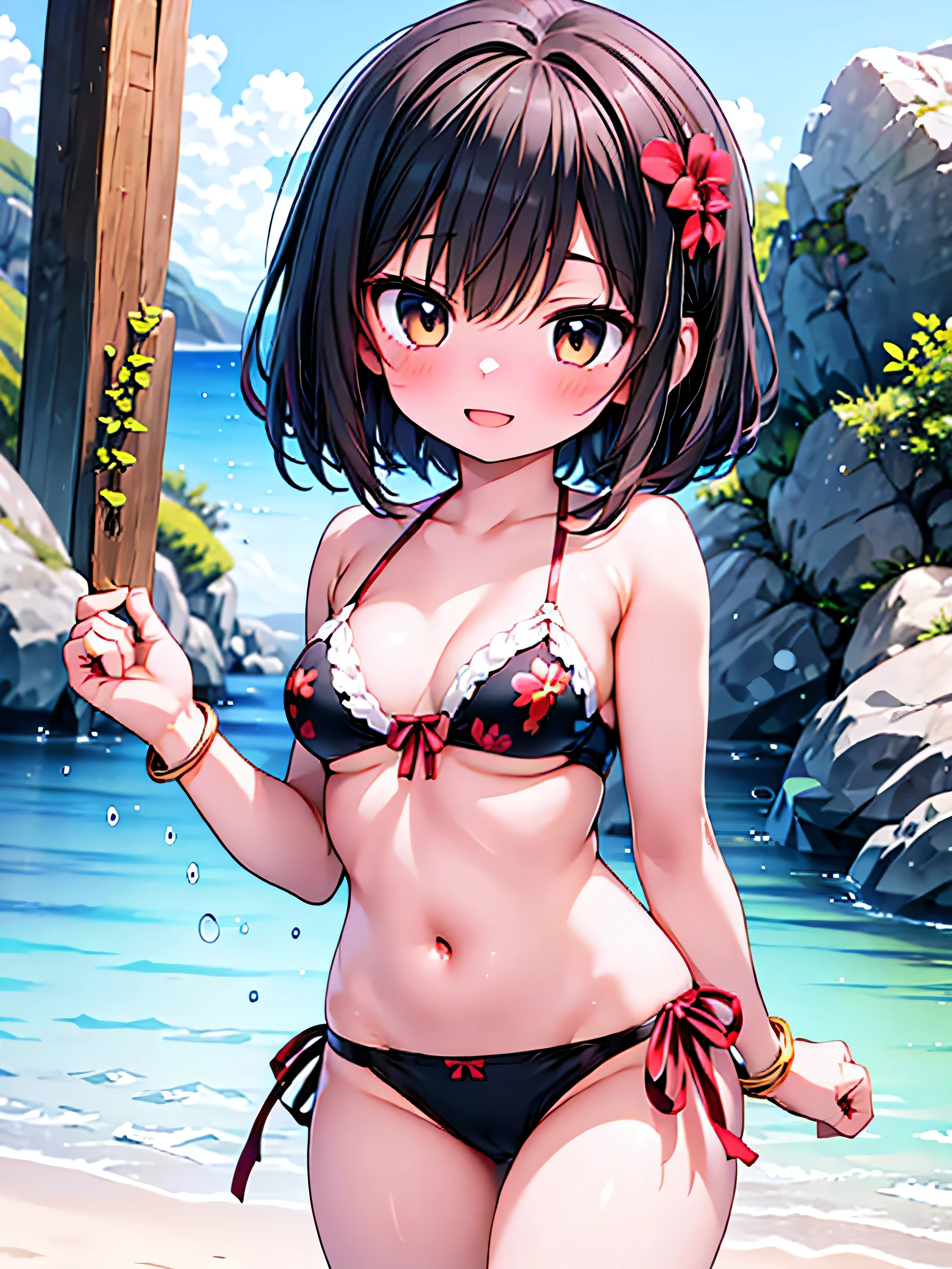 Very detailed, Ultra-high resolution, (Super detailed:1.5), highest quality, One girl, 15-years-old, alone, Nice hands, Perfect hands, break (Wearing bikini), Smile, smile, Open your mouth, break standing, 45 degrees, cute pose, Cowboy Shot, break slender, cute, Perfectly symmetrical face, very cute girl, very cute face, Very detailed eyes, Super detailed hair, Super beautiful,((Short hair:1)), bob cut, Beautiful brown hair, (Brown eyes), Slightly chubby, Small breasts,The butt is small, no background, ((tropical beach background:1))
