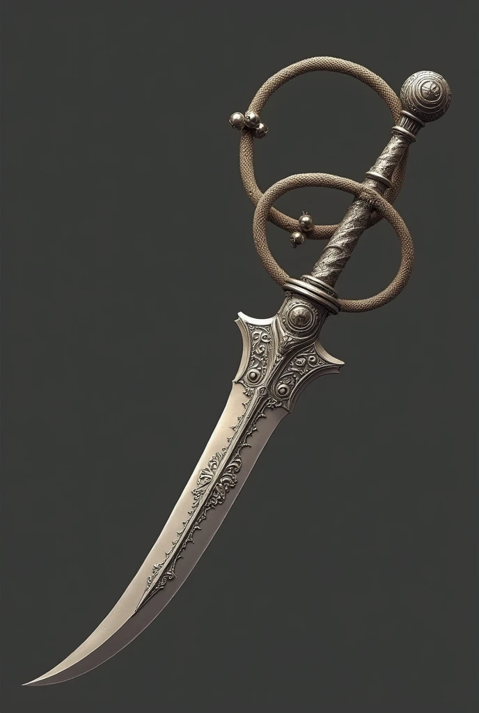 A single dagger in the shape of a treble clef, with intricate design on the blade and handle. From the base of the handle, A flexible whip is extended along its length, which is decorated with small bells or resonators.. The whip can be coiled into the handle or deployed as needed..

