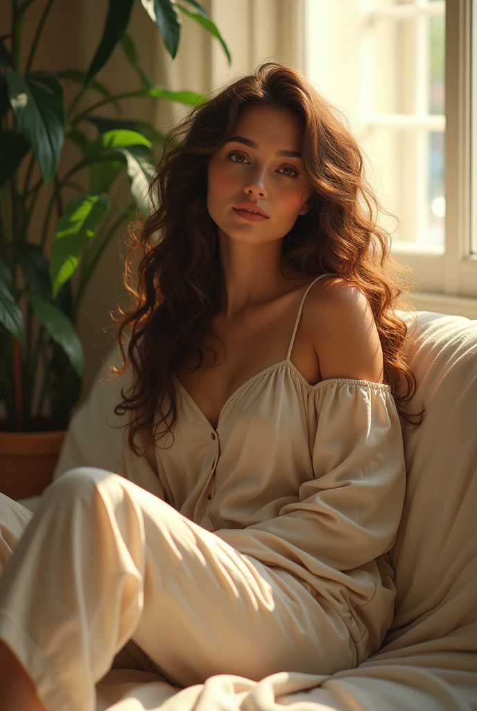 (photorealism:1.2), beautiful woman, sitting on bed, wearing loose off-shoulder top, pajama pants, long curly hair, indoors, soft lighting, plants in background, window with sunlight, cozy room, relaxed pose, realistic, intricate details, warm colors, by Greg Rutkowski, by Alphonse Mucha