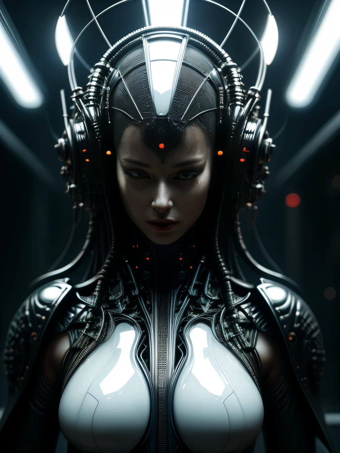 Cyberpunk art of one,afofuturism,cyberpunk style,Chinese science fiction,blank background,complicated details, perfect details,A high resolution, structurally correct, intricate patterns,highlight design,science fiction style,The back of the head is covered with tubes.,sense of science and technology,mechanical sense,Fine machinery,Full body photo,contrast of lights and shadows,movie light effect,dynamic blur,actual,photorealistic,meticulous,high contrast,the image is dark,Buddha backlight,structural symmetry,artefantasia,Conceptual art,unreal engine,complex,perfect composition