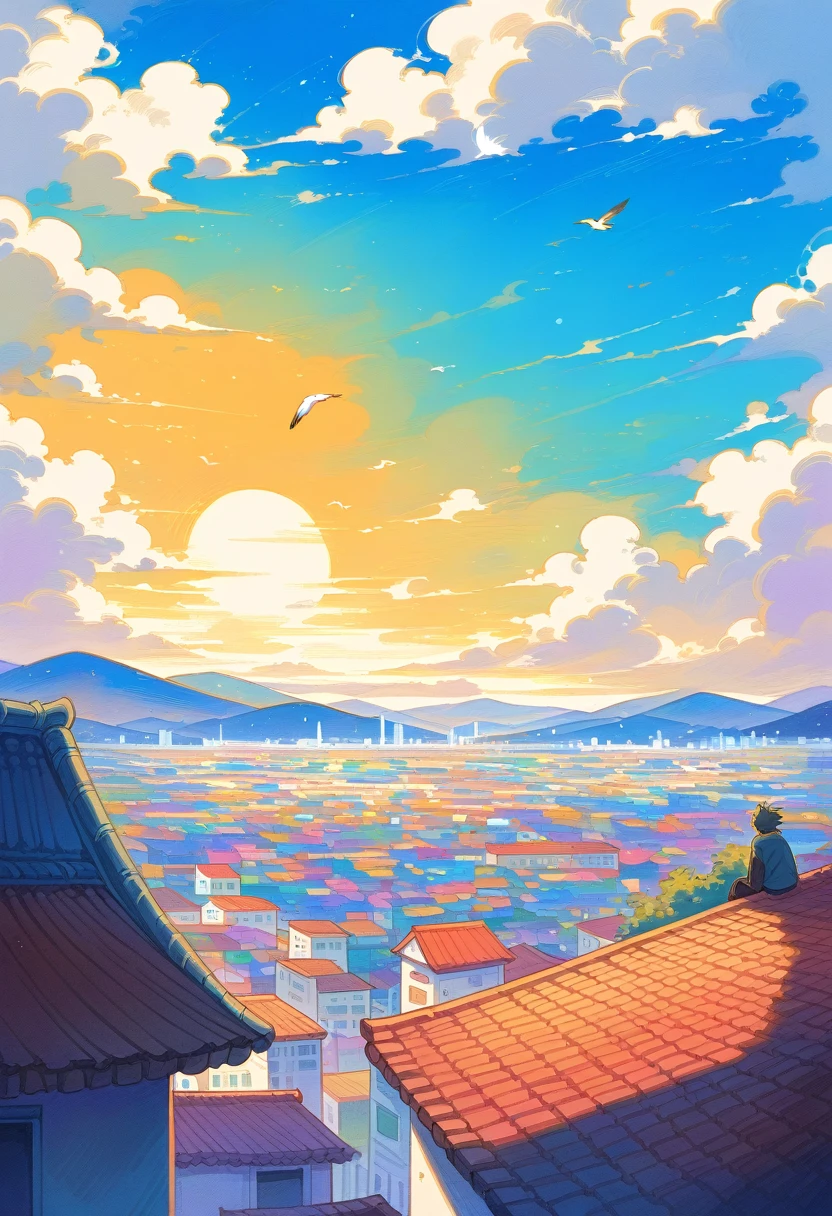cartoon of a man on a roof with a bird on his head, a detailed painting, a comic book panel, by Sengai, colorful kitsune city, wonderful compositions, anime scenery, scenery art detailed, sits on a rooftop