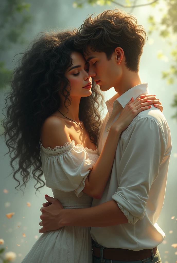 fantasy couple, young woman curly black hair 18 years old hugging a young man brown haired him in front of her