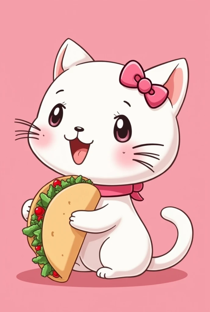 Cat with a pink ribbon collar hello kitty style white eating a pink tortilla taco anime style in the shape of a logo with a pink background 