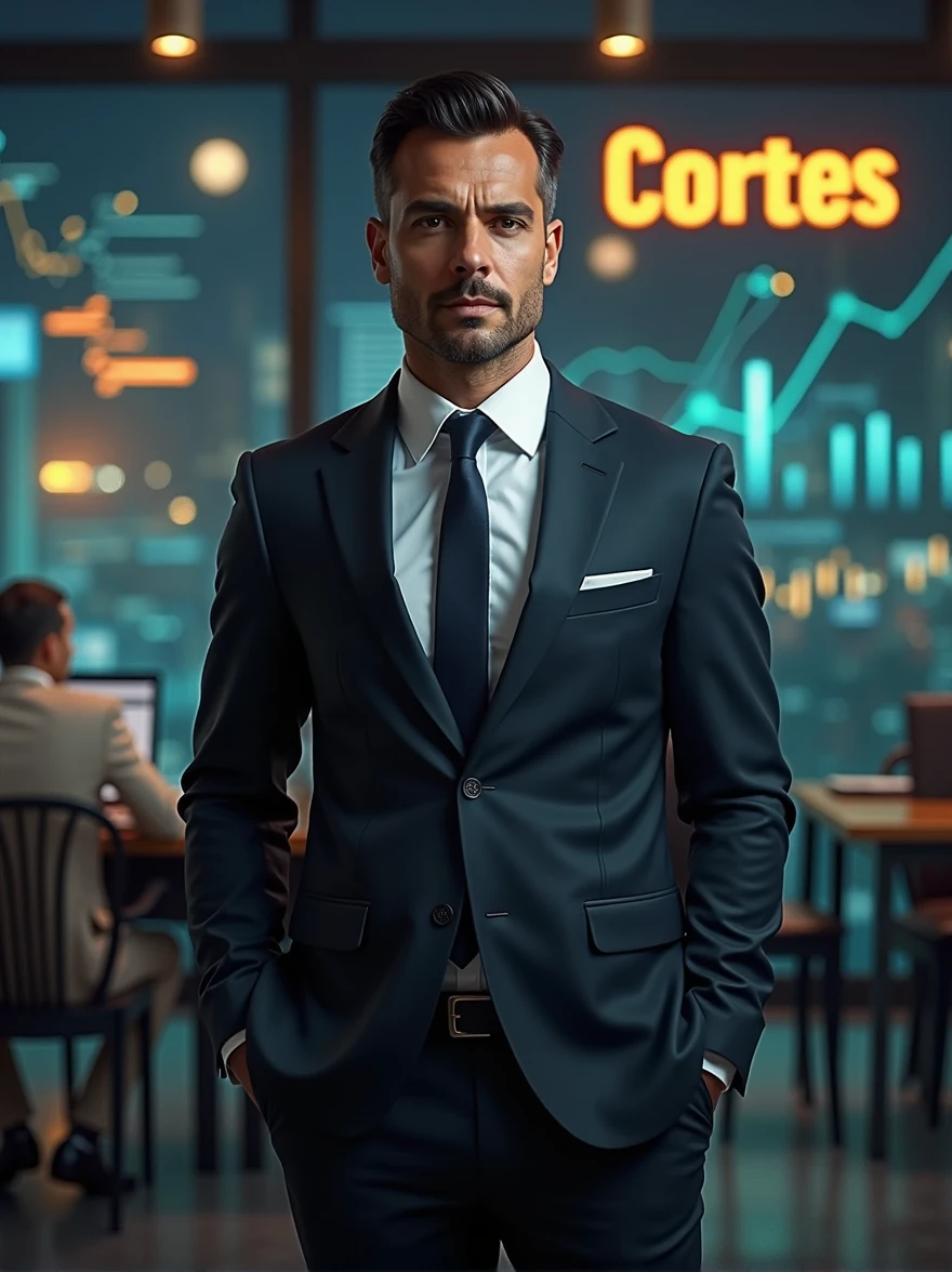 "A full-body image of a man standing, resembling Pablo Marçal, dressed in an elegant dark suit. The background suggests themes of money, featuring financial growth charts, currency symbols, or other prosperity symbols. In the background, there is a prominent logo with the word 'Cortes' displayed."