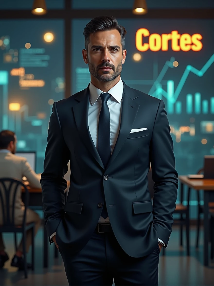 "A full-body image of a man standing, resembling Pablo Marçal, dressed in an elegant dark suit. The background suggests themes of money, featuring financial growth charts, currency symbols, or other prosperity symbols. In the background, there is a prominent logo with the word 'Cortes' displayed."