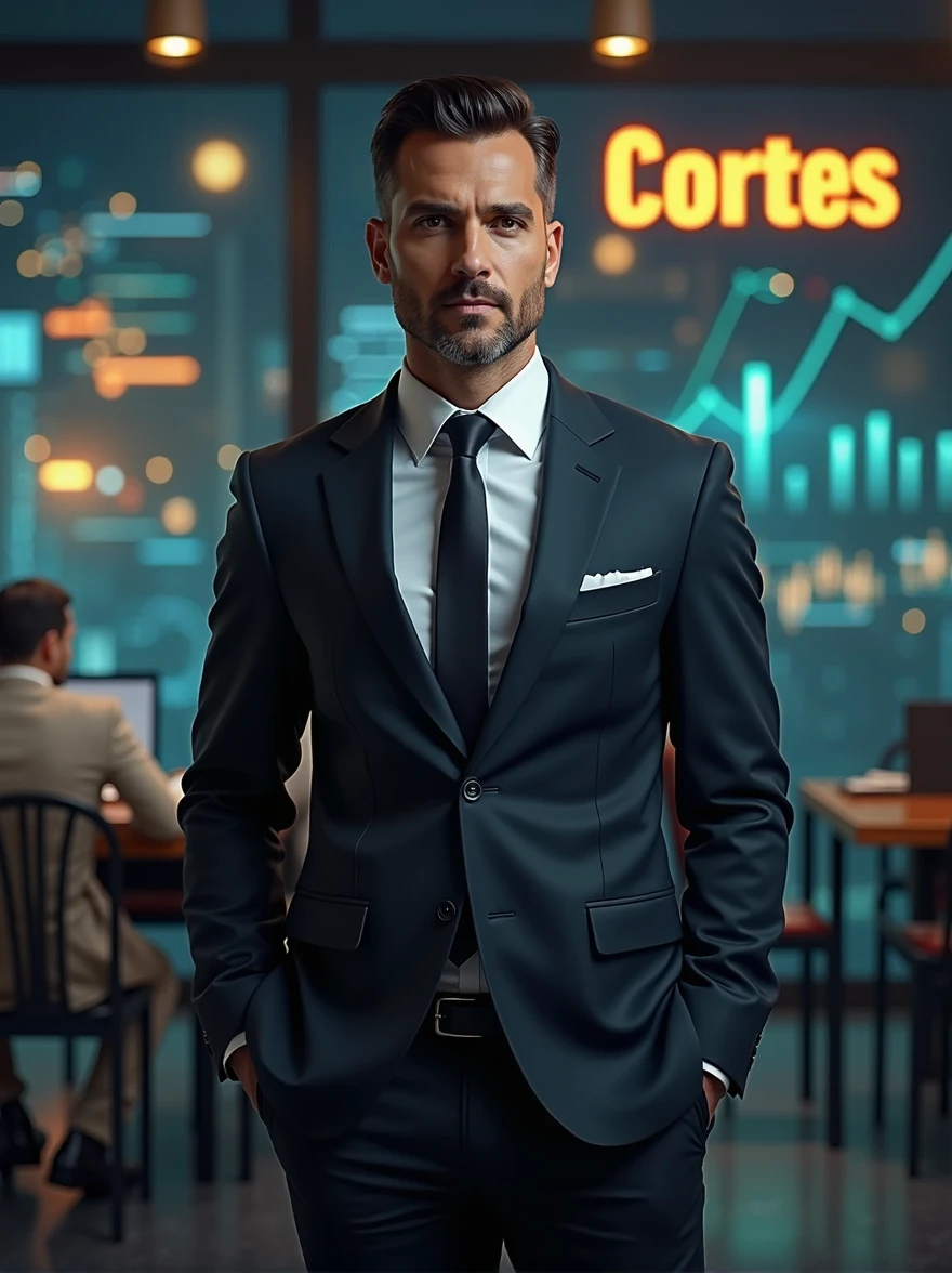 "A full-body image of a man standing, resembling Pablo Marçal, dressed in an elegant dark suit. The background suggests themes of money, featuring financial growth charts, currency symbols, or other prosperity symbols. In the background, there is a prominent logo with the word 'Cortes' displayed."