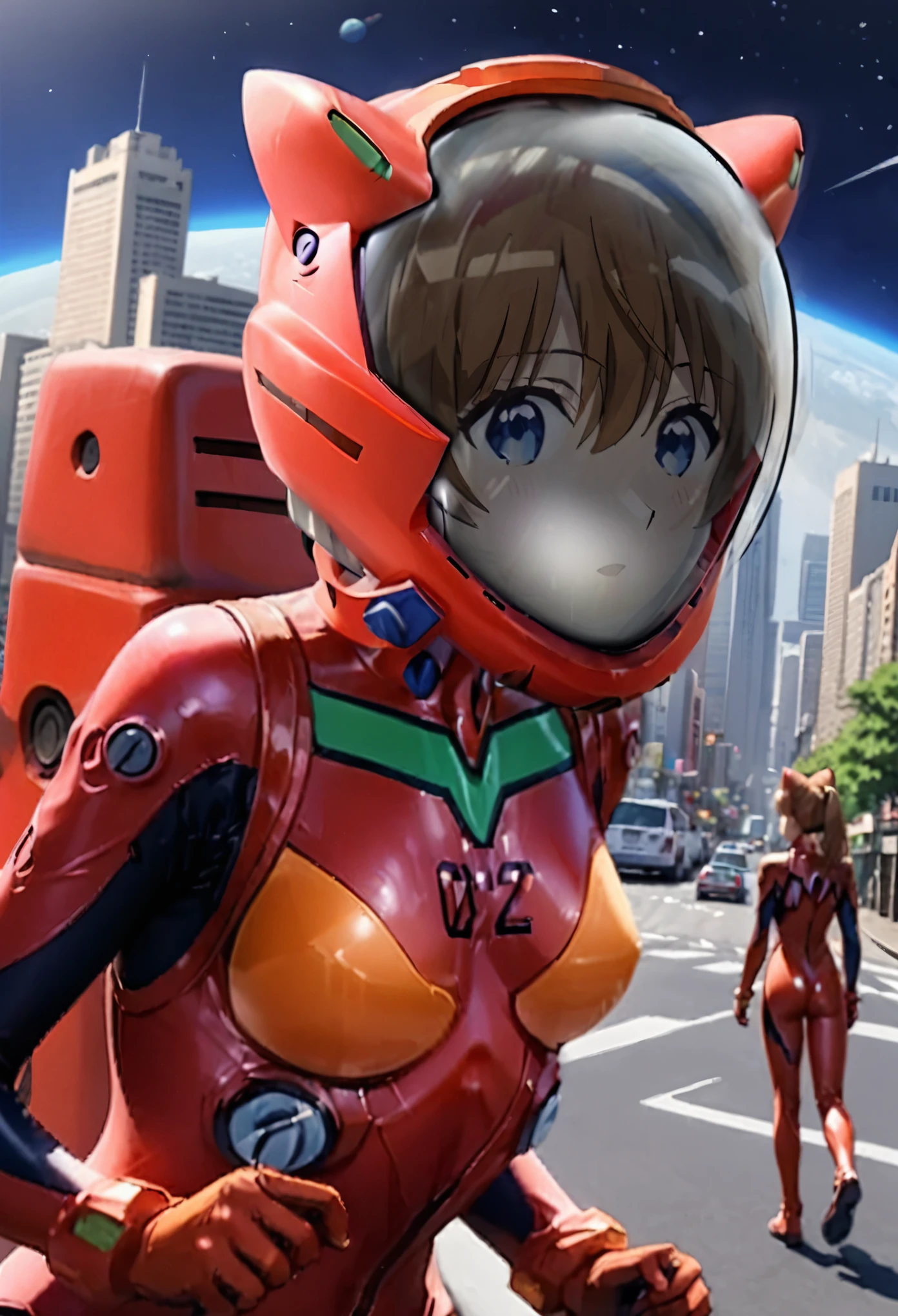plugsuit, red bodysuit,evangelion,red helmet, space helme, short hair, walk,,asuka langley soryu,hort hair, bangs, blue eyes, brown hair, bodysuit, pilot suit, plugsuit, (red bodysuit:1.5, space helmet, cat ears, city, road, upper body