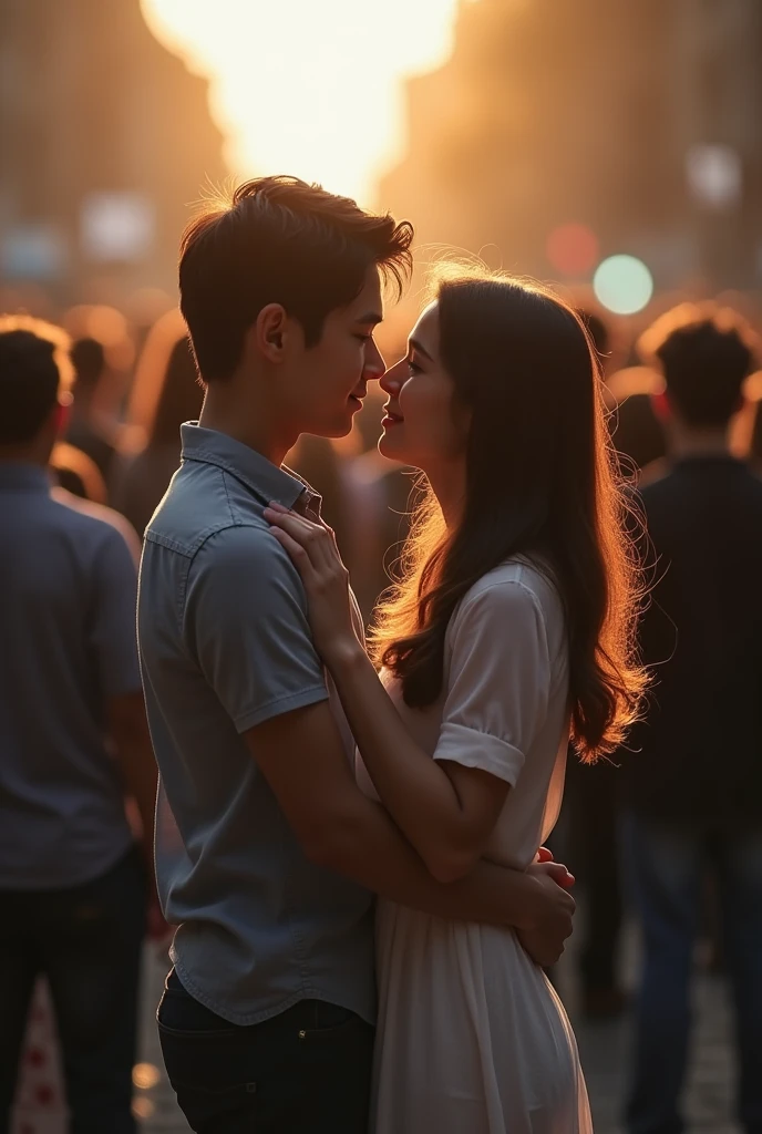 "A girl should be 22 years old, and a boy should be 22 years old as well. They should be in each other's arms, with a romantic scene. The whole world should be watching them from behind, and it should be a 4K quality photo."