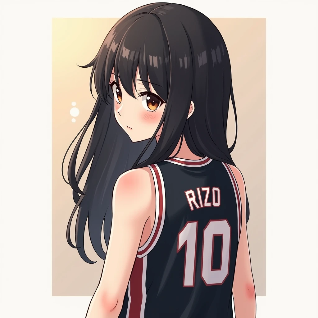 Anime girl with long black hair, short stature of 1.50 cm,with black and white basketball jersey, that says Rizo and the number 10 on his back
