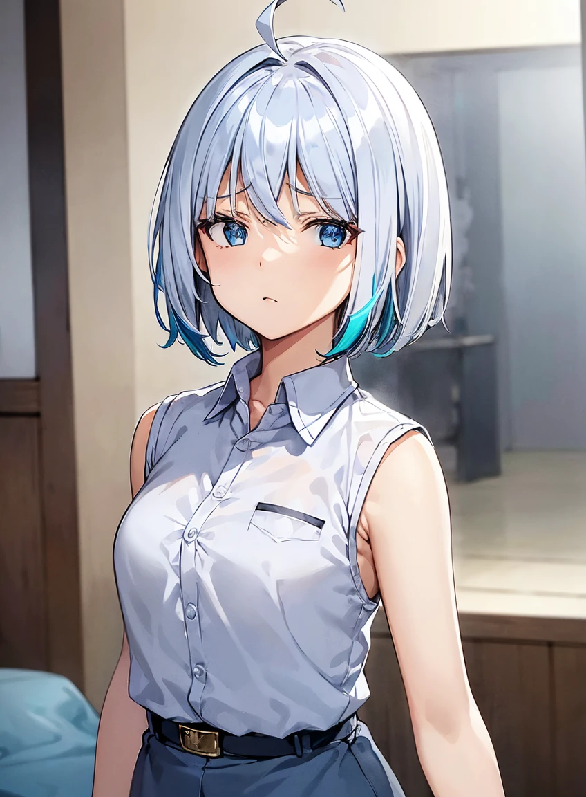 highres, (1girl), (white hair), (short hair), (short ahoge hair), (multicolor hair), (blue streaked hair), (blue eyes), white dress, sleeveless, angry face, evil eyes, side view, profile view , looking away, white background, 1girl, cewe-sma, from fitting, white shirt, gray skirt, belt, Black Hair, Beautiful and dense face, white skin,(1 girl),skinny, medium chest, (black eye),