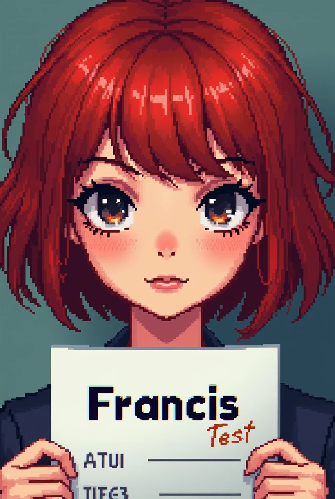 red-haired woman , com rosto redondo , with short hair above the shoulder, Francis on the test , dark eyes and freckles , sultry gaze, pixel art style