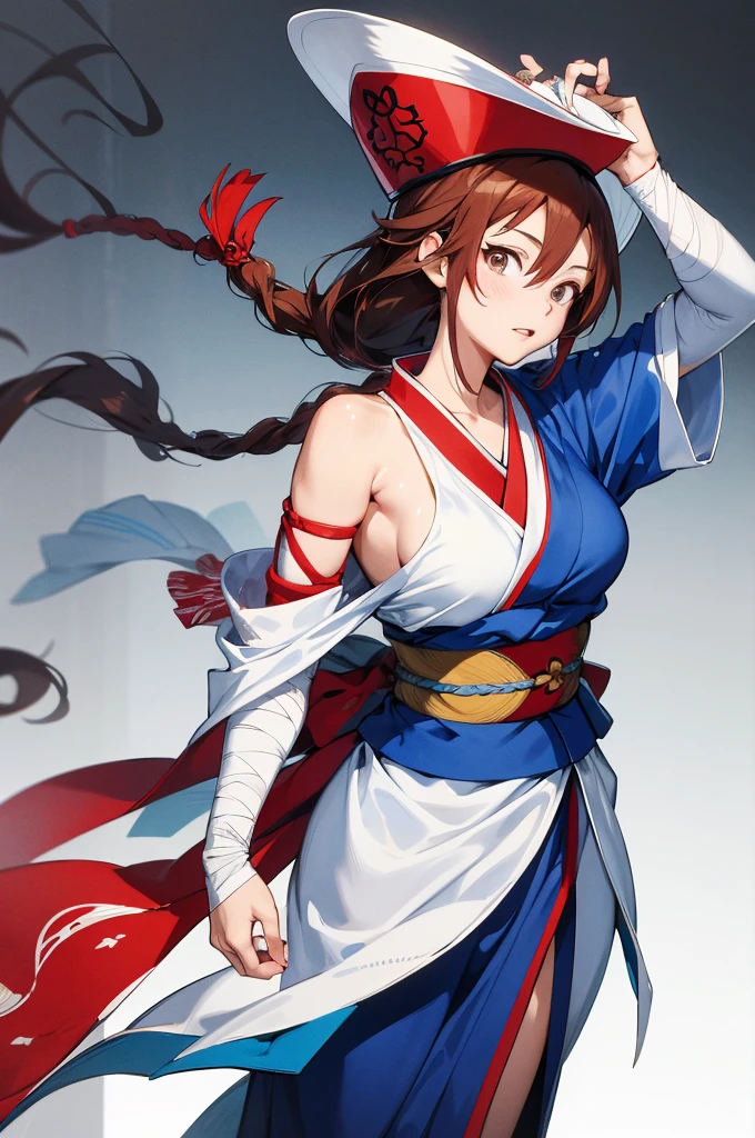 Generate an anime-style image in Masashi Kishimoto's art featuring a mature, joyful Caucasian woman. She wears a blue and white kimono with red details, tied with a red obi. Exposed shoulder and arm show tightly wound white bandages. Similar bandages wrap her hands and feet for protection or support. Her long brown hair is braided, and she wears the traditional white and red Hokage hat on her head.