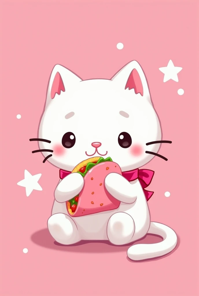 Cat with a pink ribbon collar hello kitty style white eating a pink tortilla taco anime style in the shape of a logo with a pink background