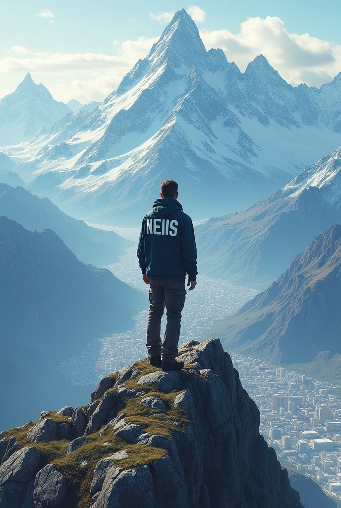 A man is on a high mountain and below him is a big city and on his shirt is written NEIIS