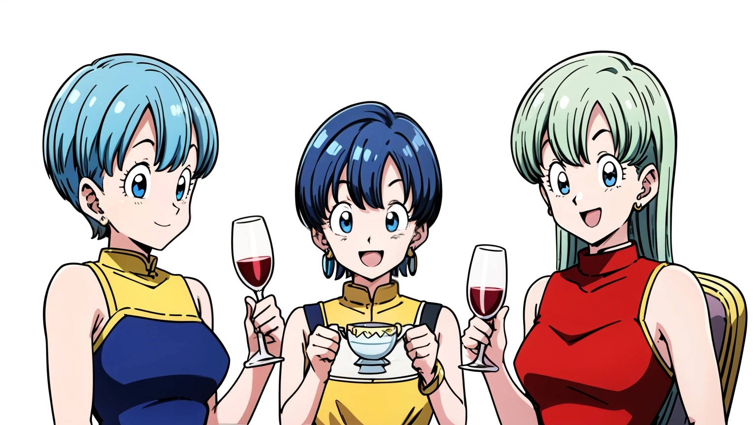 3People Girls, 3By people, View your viewers, jewelry, Upper Body, Earrings, White background, bracelet, dress, Gold Teacup, cheers, smile, Open your mouth, cheersしている, celebration, Toast,