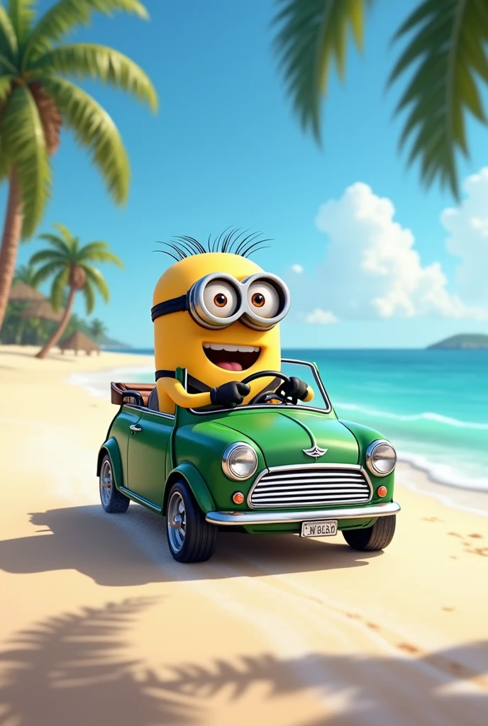 Minion riding a Mini Cooper on the beach