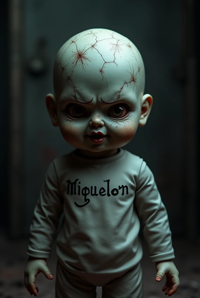 Cursed doll with a shirt that says Miguelon