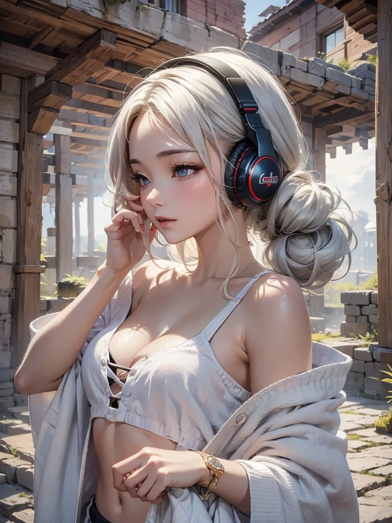 ((face, style)).((masterpiece:1.5))((alone、Woman wearing giant headphones:1.5、Detailed face、Big Eyes、Bright expression、small breasts, cleavage、Best Looks、Ultimate beauty、Shiny silver hair with highlights、明るい and shiny hair,、Modern Hairstyles、Hair dancing in the wind))(morning、indoors)Please look away from here、Beautiful profile、winter, background:gb, ruins