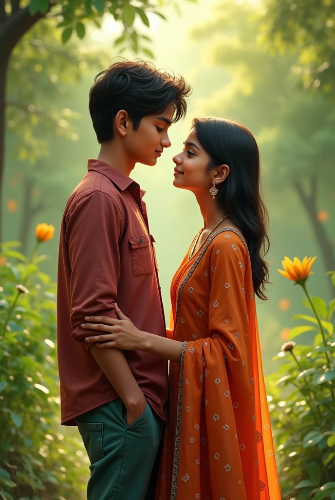 cute original photo Indian a 16 year old boy wearing stylish clothes and a 12 year old girl wearing stylish salwar suit in a green beautiful place different style romancing 264 full hd