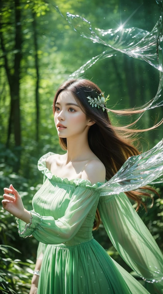(Masterpiece, Top Quality, Best, Official Art, Beautiful and Aesthetic, Long Exposure: 1.2), Smooth Movement, Charming Patterns, 1 Girl, (Long Dress with Sleeves: 1.3), (((Green Clothes) )), upper body close-up, bare shoulders, Chinese girl, blush, black lob hair, portrait, solo, upper body, looking at the observer, detailed background, detailed face, (crystallineAI, crystalline theme:1.1), elemental wood elf, rotation foliage, control foliage, emerald clothing, dynamic pose, floating particles, ethereal dynamics, foliage, vapor, forest in the background, green tint, forest, ethereal atmosphere,