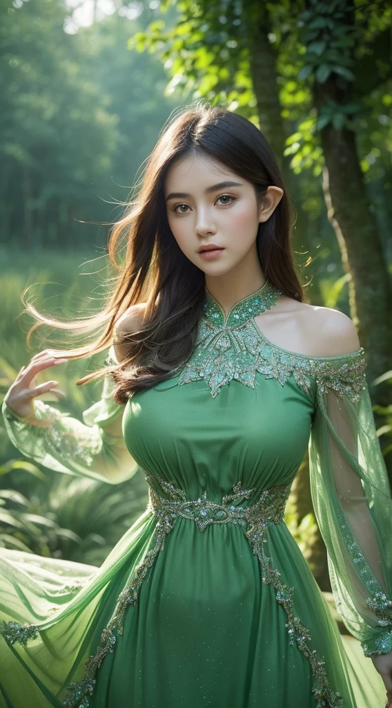 (Masterpiece, Top Quality, Best, Official Art, Beautiful and Aesthetic, Long Exposure: 1.2), Smooth Movement, Charming Patterns, 1 Girl, (Long Dress with Sleeves: 1.3), (((Green Clothes) )), upper body close-up, bare shoulders, Chinese girl, blush, black lob hair, portrait, solo, upper body, looking at the observer, detailed background, detailed face, (crystallineAI, crystalline theme:1.1), elemental wood elf, rotation foliage, control foliage, emerald clothing, dynamic pose, floating particles, ethereal dynamics, foliage, vapor, forest in the background, green tint, forest, ethereal atmosphere,