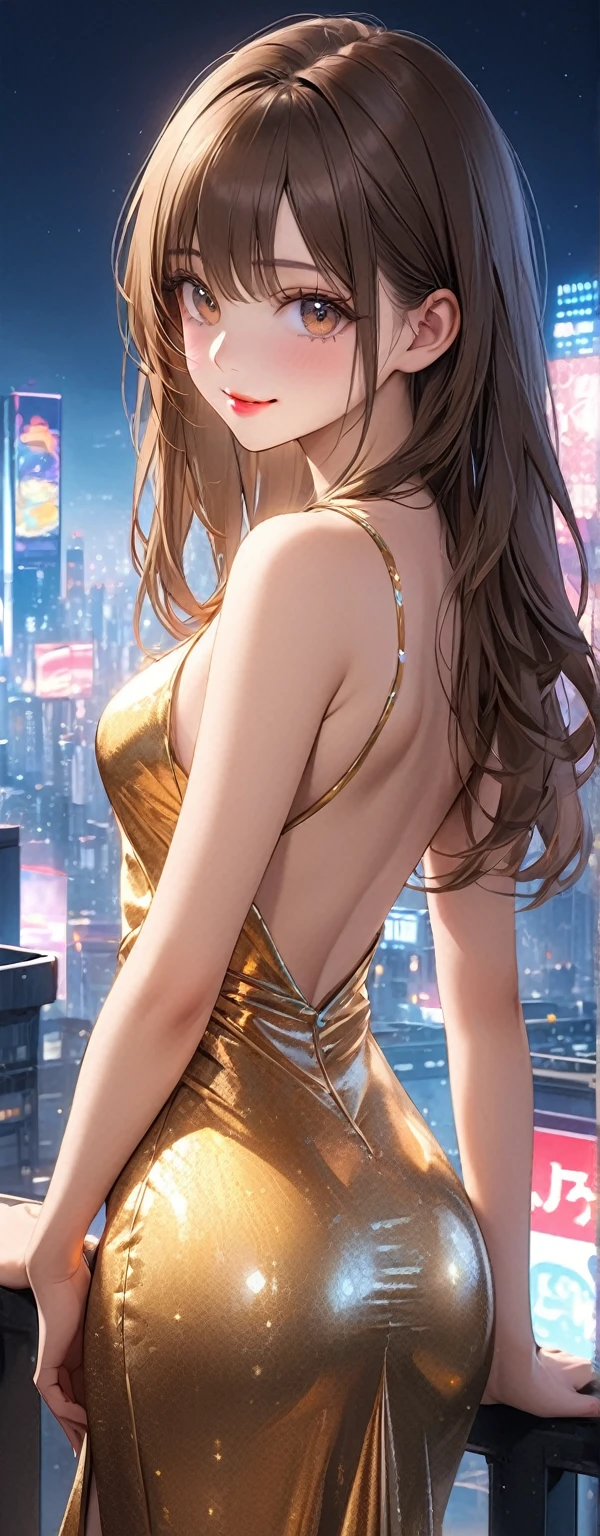 Straight hair、Brown Hair,((Very exquisite golden sexy dress)), Looks about 17 years old, (beautiful girl: 1.3),One girl,Highest quality,8k,Highly detailed CG unit wallpaper,masterpiece:1.2,Highest quality,Ultra-high resolution,RAW Photos,Realistic textured skin,Cinema Lighting,Happy,big eyes,Detailed eyes,Glossy lipstick,Perfect Makeup,Ultra-high definition beauty face,Huge building,Metropolis,Sensual,(big, Round and beautifully shaped butt),(Standing on the rooftop of a skyscraper in Cyber City),(panoramic),night,Detailed neon lights,(Are standing_Split),