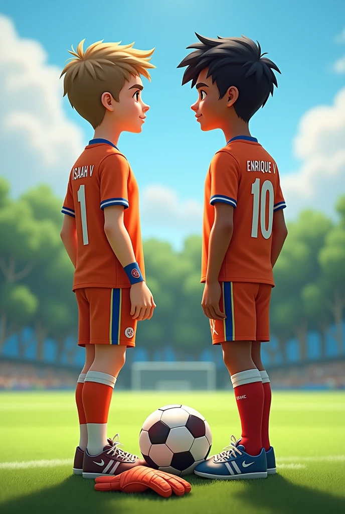 Two teenage brothers, between 16 and 17 years old, They both have the same height, They are standing in the middle of a soccer field.
One is white skin, short straight light brown hair, Brown eyes, He has a soccer goalkeeper's uniform with the number 1 on his back, it says ISAIAH V.
The other is light brown skinned with straight black hair., He has a football uniform with the number 10 on the back and says ENRIQUE V.
There is a ball in the middle of them and a soccer glove on the grass