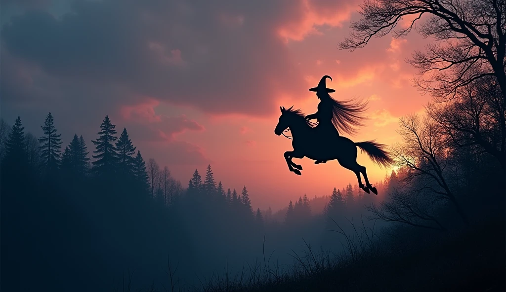 A witch riding a broomstick over a dense forest at dusk, the sky glowing with twilight colors, her silhouette sharply contrasted against the sky, realistic and detailed