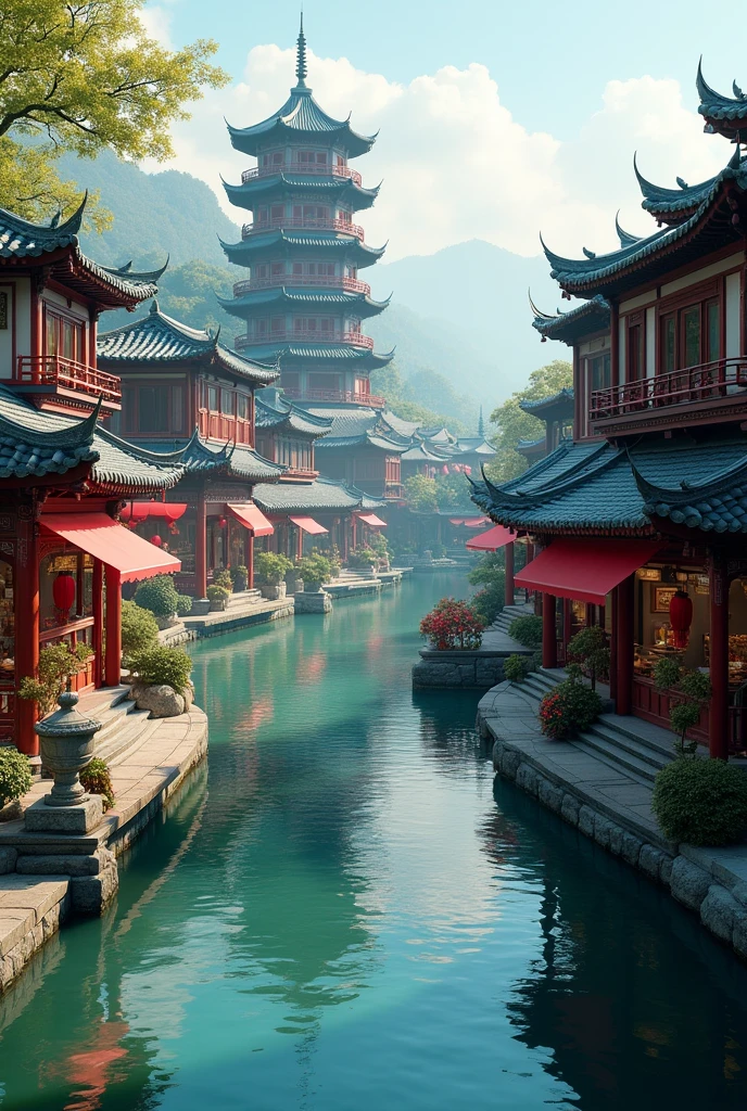 busy asian shops japanese chinese style with a winding river canal like venice curved in s shape, in the middle focal point big rounded pagoda in an island surrounded by the river epic scale