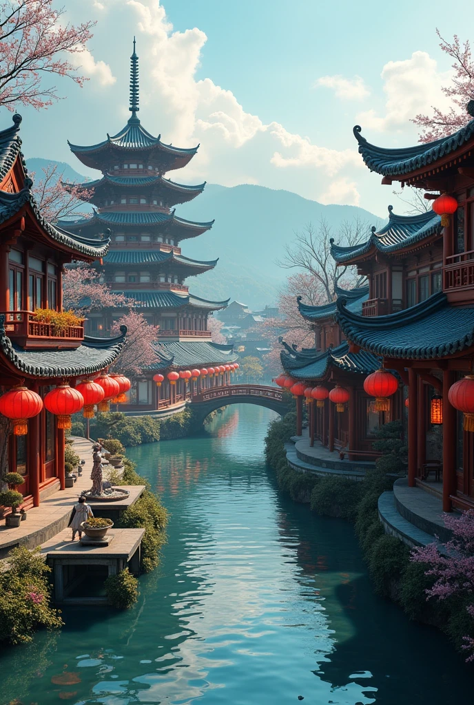 busy asian shops japanese chinese style with a winding river canal like venice curved in s shape, in the middle focal point big rounded pagoda in an island surrounded by the river epic scale