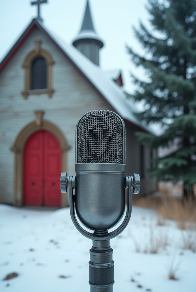 A banner with a microphone in the foreground, occupying a large part of the banner. in background whith, an old church with a red door and a pine tree in the garden, and snow all around.