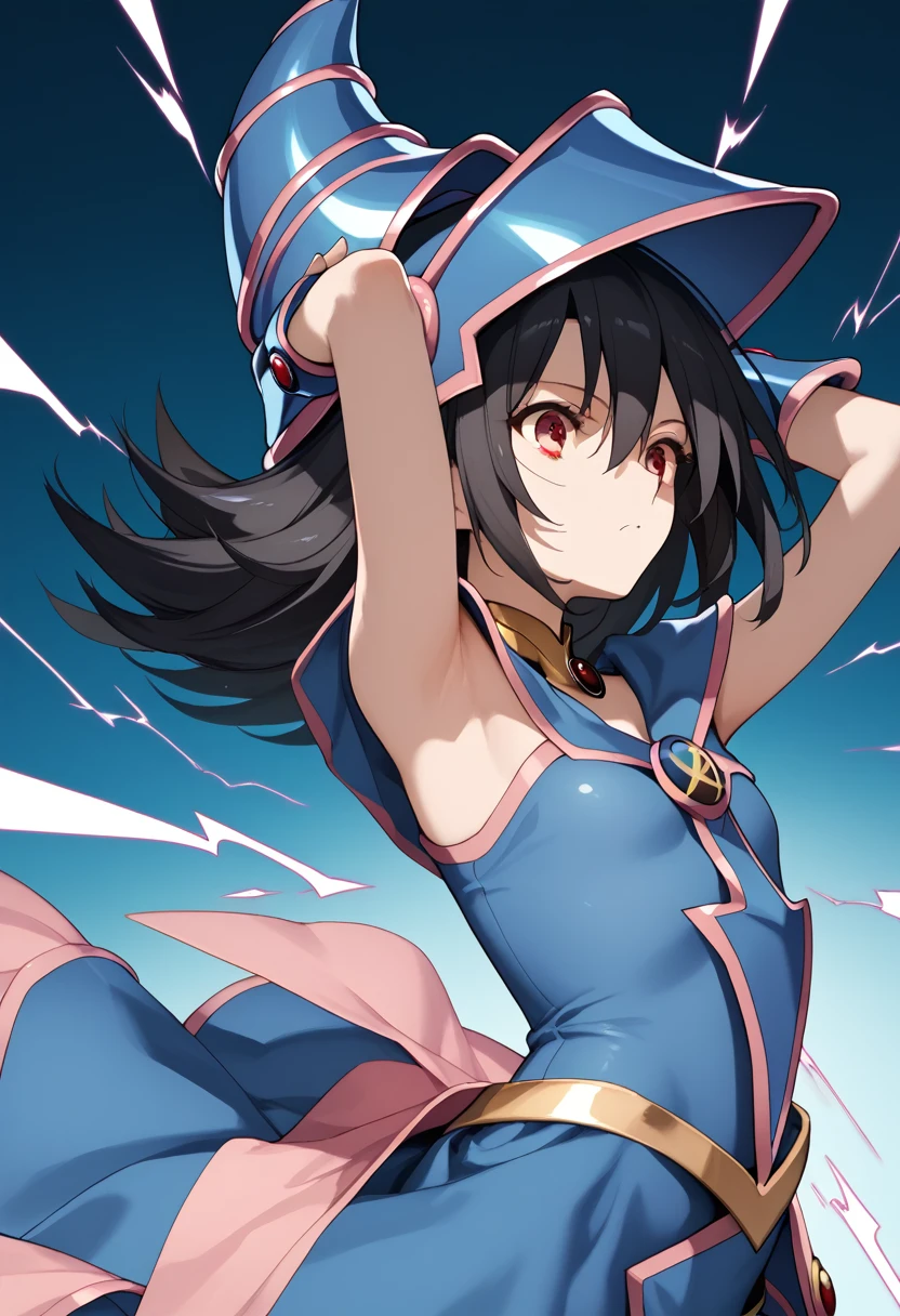 (masterpiece:1.2), (The best quality:1.2), perfect lighting, Ishtar (dressed as Dark Magician Girl) (arms raised up to cast a spell), floating in the air, neckline, magic background. small chest, Wearing blue robe, big hat, electromancer, electrical energy, ((long black hair)), (red eyes), 