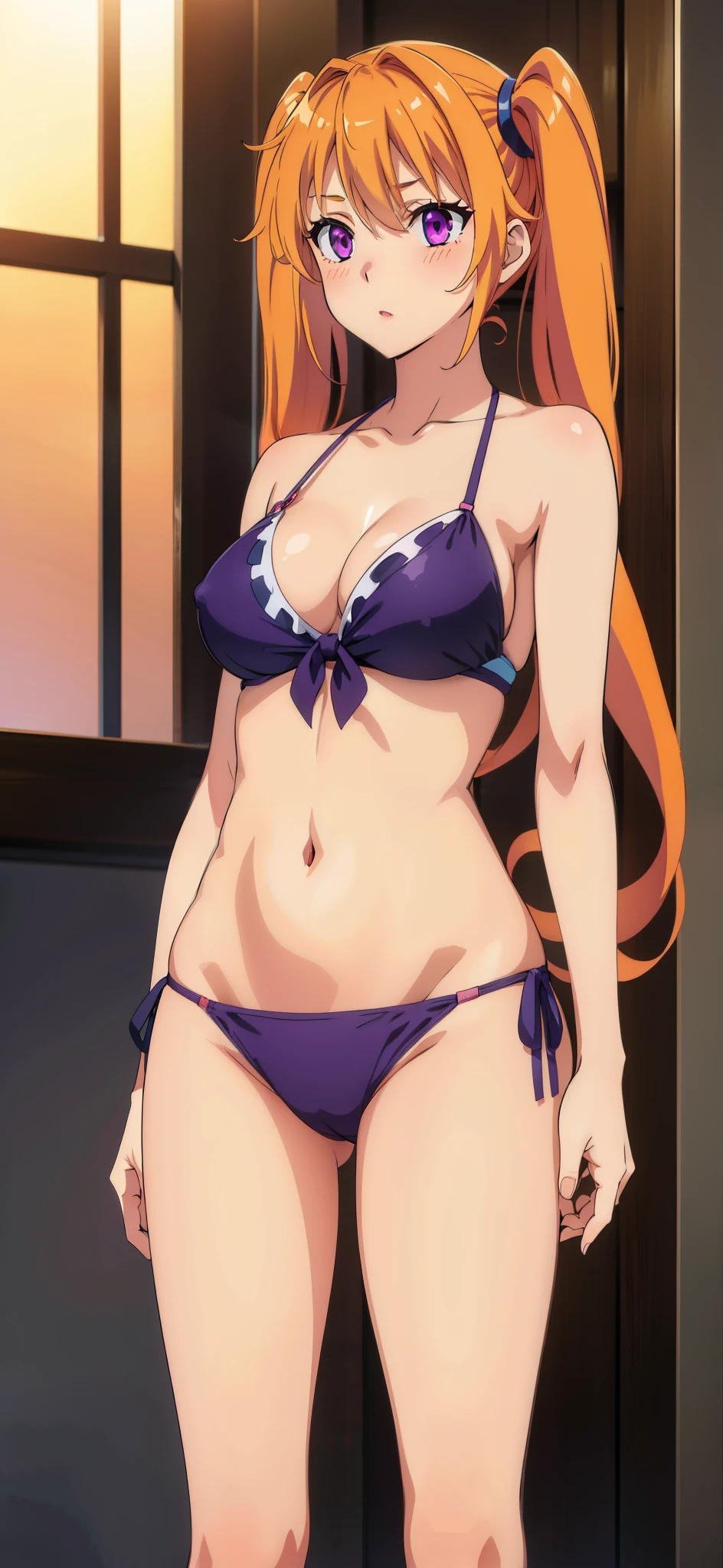 1 girl, 20-year-old, medium breasts, sleeveless, blushed, long hair, orange hair, purple eyes, standing, cowboy_shot, twintail , bikini