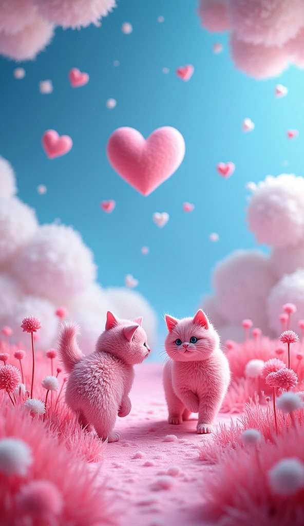 Our Felt Style，surreal space，abstract，Pink cats are running around，Fluffy love heart，fluffy clouds，star，grass，flowers，In my dream、A vivid and fun way to set the stage，blue, Pink tone，bright，Art