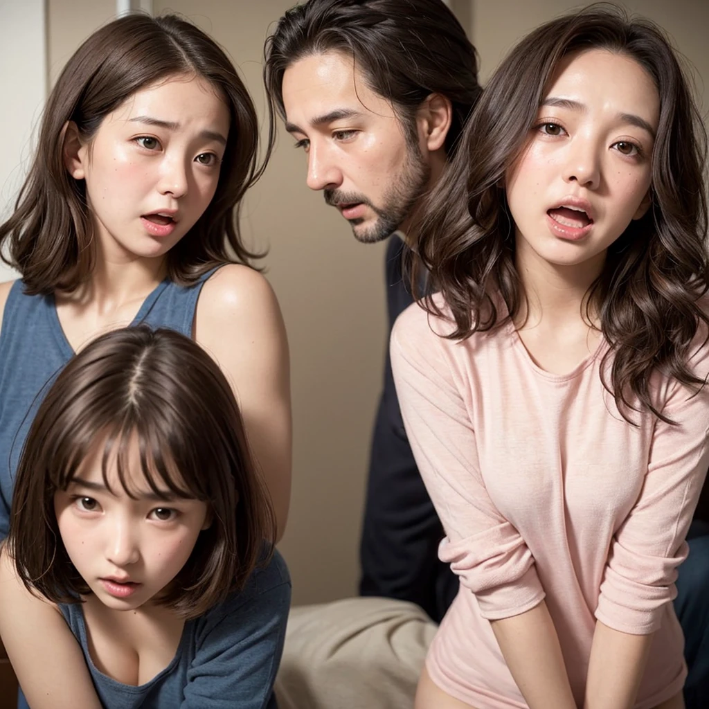 A beautiful 13-year-old girl and a middle-aged man, A man looks at a woman from close range、Sexy underwear exposed, Beautiful wavy brown medium bob hair, Screaming with her mouth open in shame at being seen, blush, Body flushed red, The woman&#39;s gaze is forward, Sweat dripping, Increased sensitivity,Beautiful Eyes, Ultra high definition, Clear white skin, Slender body, The lower body is exposed, Changing clothes in the changing room、locker、Japanese, Anatomically correct、Nipples exposed、nsfw、Accentuate your lower body、panic 