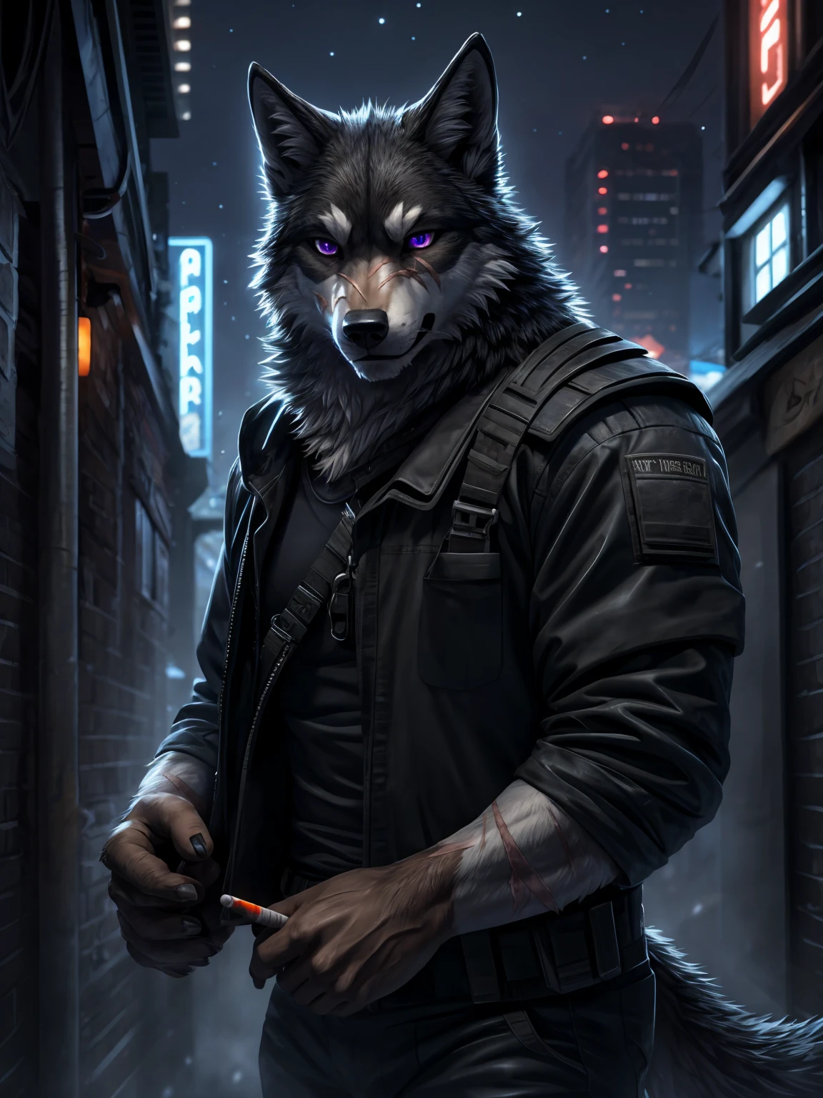 embedding:Single person, (black Wolf), Purple Eyes, (muscle发达的身体:0.60)，Perfect eyes, Handsome,Scars on face，Killer，(whole body)(Black tights),(Express), Bustling city background,(close up),(Serious eyes:1.3),side,(Wolf ears),(Wolf Tail),Perfect masterpiece,Mist蒙蒙，Rooftop，(16K),Solitary(individual),((Strong)),(站在night高楼Rooftop场景),(night，Mist弥漫),Perfect proportion,Smoking a cigarette,(night的高楼Rooftop:1.4),Killer，(Keep your mouth shut，站在Rooftop，Cold expression，nervous:1.1),(medium distance:1.1)Strong,muscle,action,apparel，（Carrying a gun），Holding a mobile phone，With a cigarette in his mouth，Tactical equipment，（night：1.1），Mist，more details，dark，CG,Adult,The highest quality of scene detail，Best quality hands, best quality eye，detailed fur，Delicate eyes.Extreme picture quality，by sollyz,by zixiong,by milkytiger1145