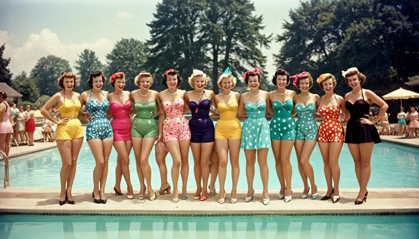 a group of elegant women at a 1950s party" An image featuring a group of elegant women, each wearing their distinctive 1950s Bikinis, posing for a photo at a open air swimming pool . Image is edited with a bold vivid palette, reflecting the camaraderie and timeless fashion of 1950s social gatherings.