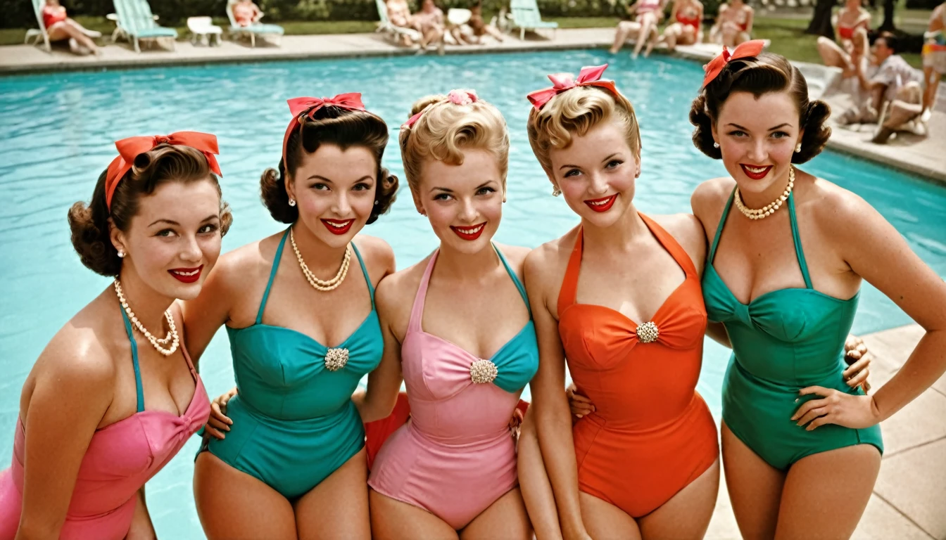 a group of elegant women at a 1950s party" An image featuring a group of elegant women, each wearing their distinctive 1950s Bikinis, posing for a photo at a open air swimming pool . Image is edited with a bold vivid palette, reflecting the camaraderie and timeless fashion of 1950s social gatherings.
