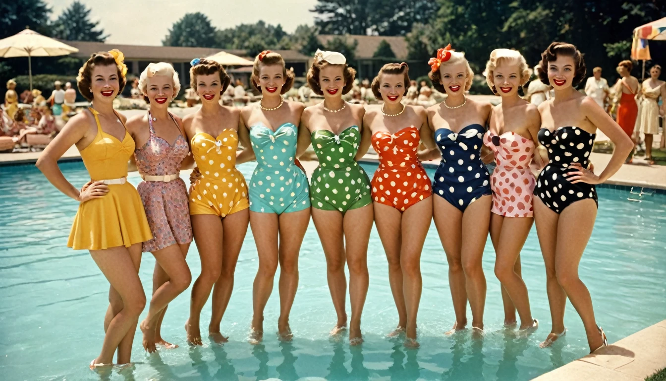 a group of elegant women at a 1950s party" An image featuring a group of elegant women, each wearing their distinctive 1950s Bikinis, posing for a photo at a open air swimming pool . Image is edited with a bold vivid palette, reflecting the camaraderie and timeless fashion of 1950s social gatherings.  