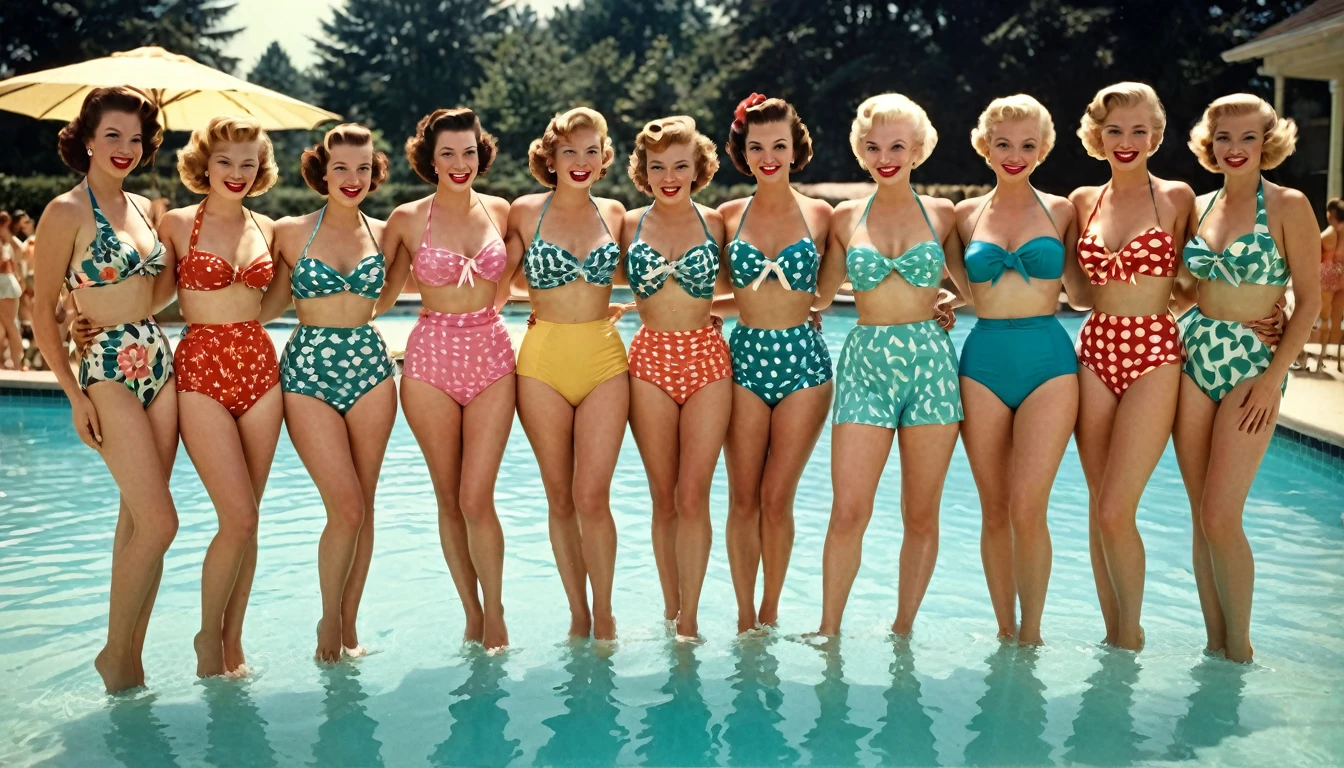 a group of elegant women at a 1950s party" An image featuring a group of elegant women, each wearing their distinctive 1950s Bikinis, posing for a photo at a open air swimming pool . Image is edited with a bold vivid palette, reflecting the camaraderie and timeless fashion of 1950s social gatherings.